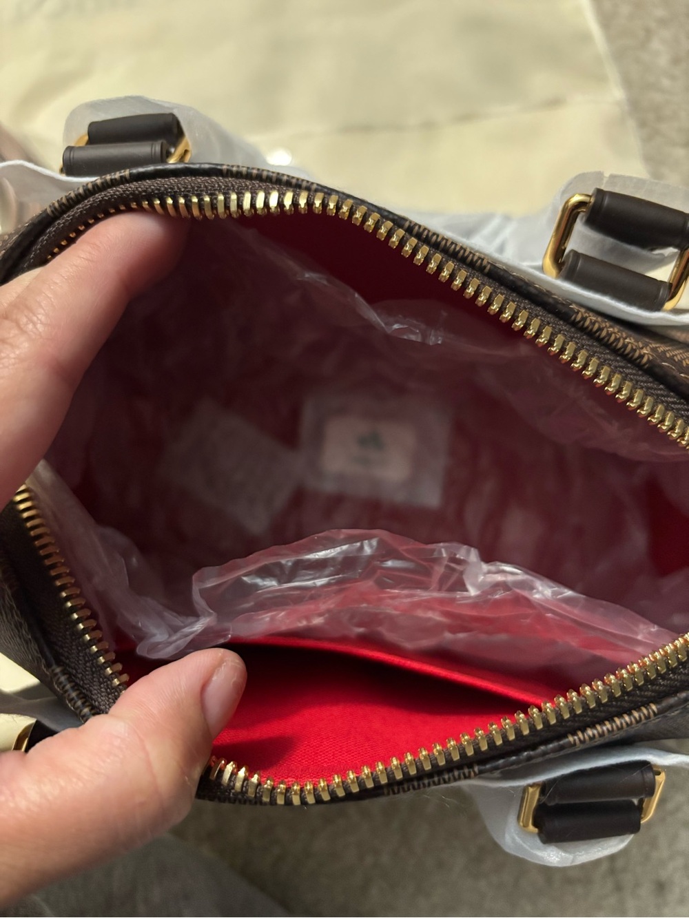 Brown Checkered Mini Top-Handle Bag with Gold Hardware - Picture 6 of 8